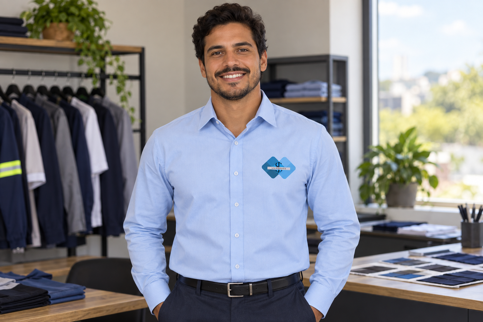 Profissional usando camisa social azul-clara com a marca JS Uniformes